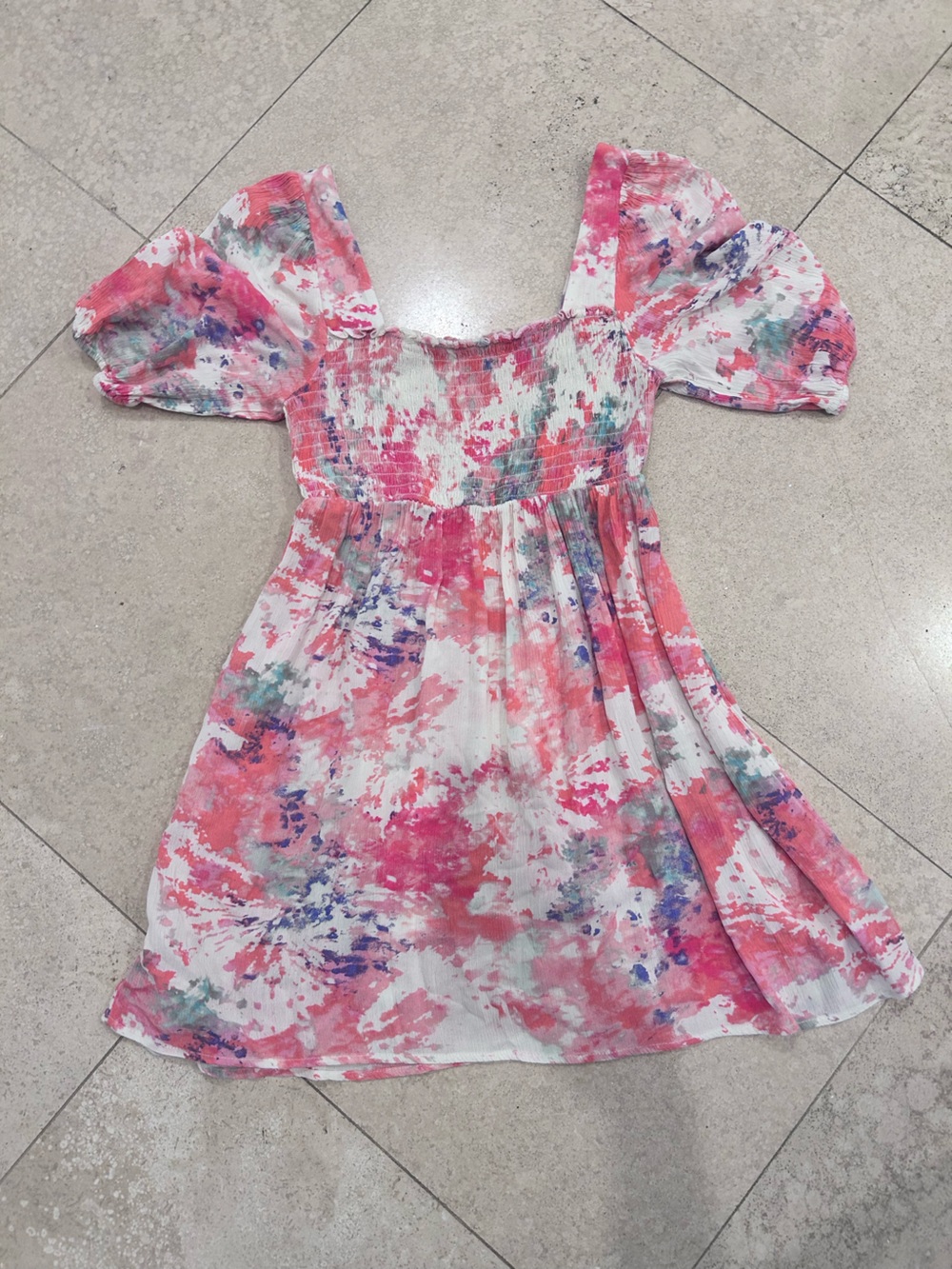 Girls' Pink Watercolor Puff Sleeve Casual Dress
